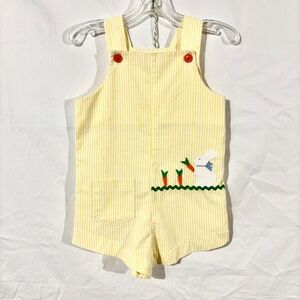 Lisa Jackson Yellow Stripped Overalls with Bunny Carrots (Vintage) Easter Spring